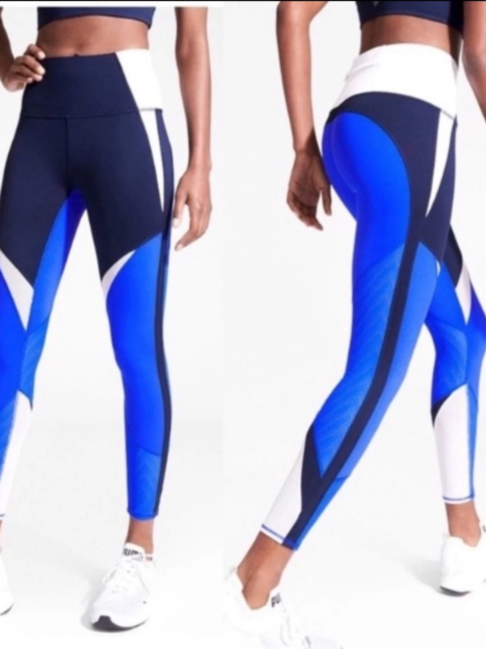 Athleta High Rise Precision 7/8 Colorblock Leggings Size Large Blue Navy White